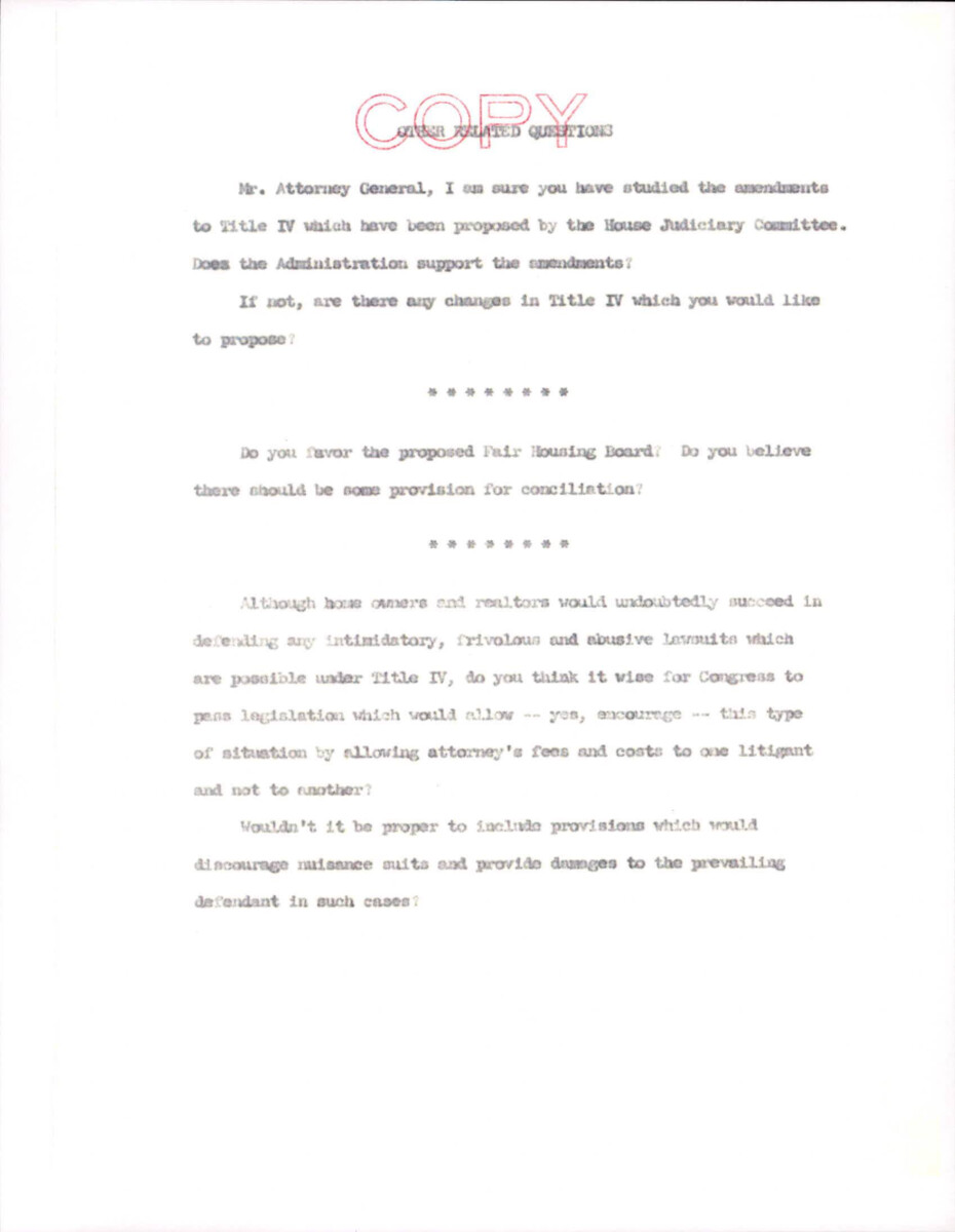 Additional Questions Related To The Civil Rights Act Of 1966. Dirksen Asked The Attorney General These Questions To Further Help Him Determine His Stance On The Bill.