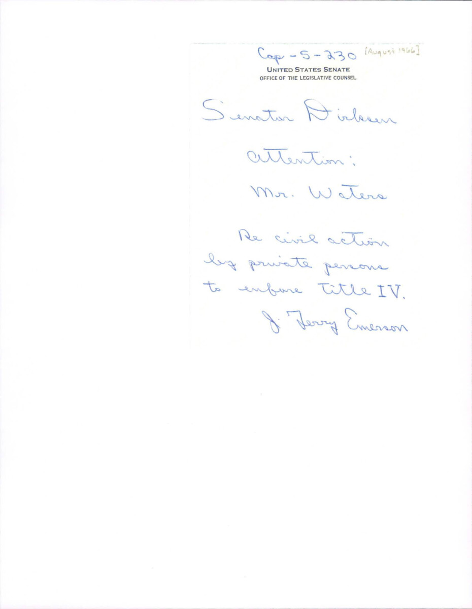Note From Jerry Emerson To Dirksen About "civil Action By Private Persons To Enforce Title Iv" On Office Of Legislative Counsel Stationery