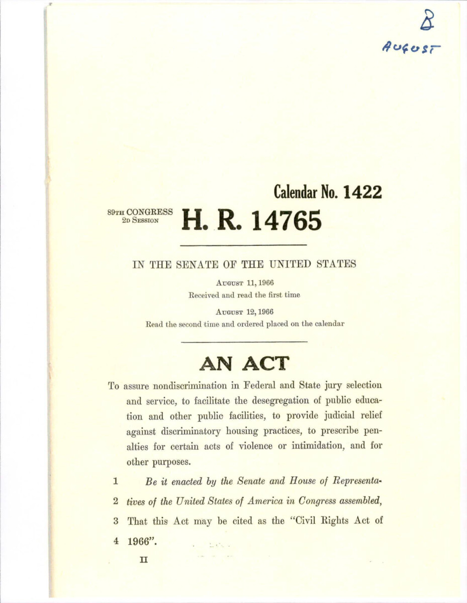 Copy Of The Civil Rights Act Of 1966 With The New Title Iv That Removed Unconstitutional Clauses That Were In The Original Bill.