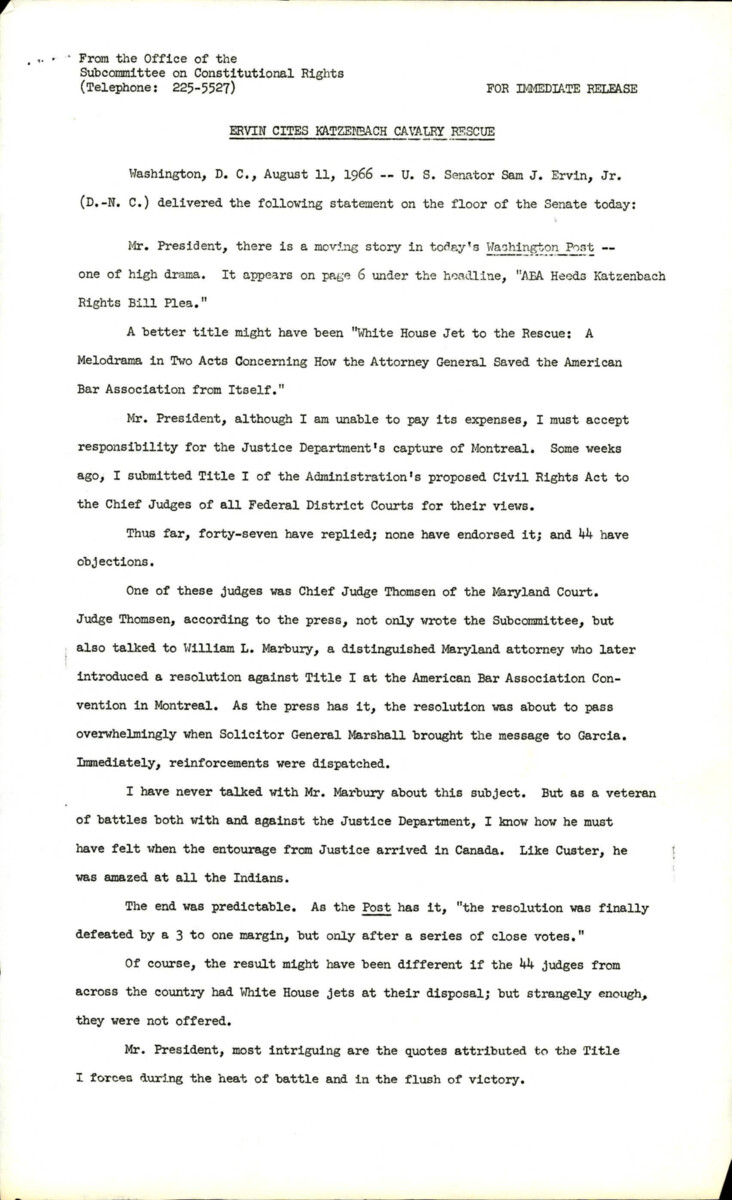 Statement By Senator Ervin Addressing The President About The Submitted Title I Of The Civil Rights Act Of 1966 And The Problems That Have Arised Since Its Submittal.