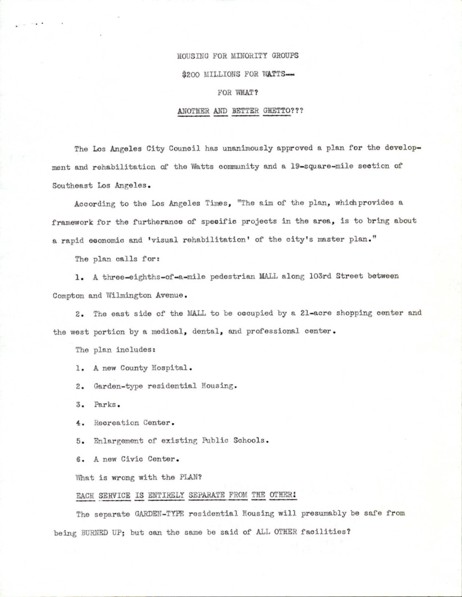 Commentary Written In Opposition To The Los Angeles City Council's Plans To Develop The Watts Community.