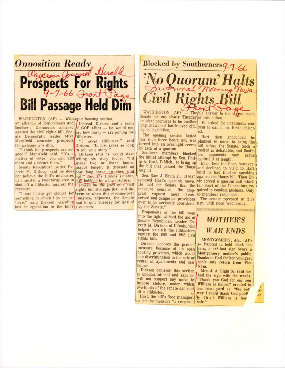 The First Article Is About Dirksen's Opposition The The Civil Rights Bill And Whether Or Not The Senators That Oppose It Will Use The Filibuster. The Second Article Is About The Senate Not Being Able To Reach An Agreement And Taking An Overnight Recess.