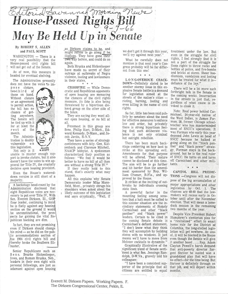 Opinion Column About The Senate Being Unable To Come To A Conclusion About Title Iv Of The Civil Rights Act Of 1966. Many Senators Disapprove Of It Entirely And Others Want Complete Open Housing.