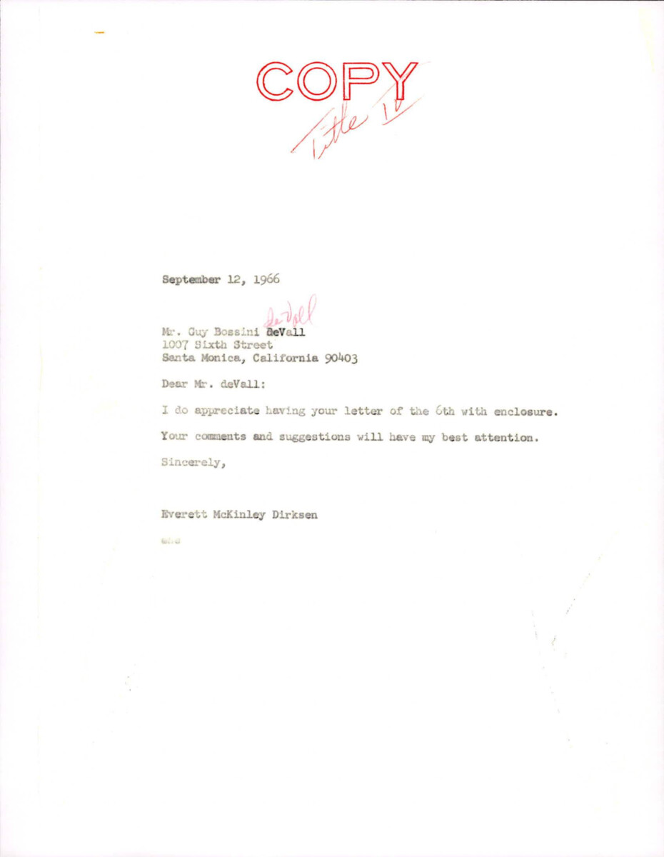 Letter From Dirksen To Devall In Response To His Letter And Paper Regarding Housing And Transportation.