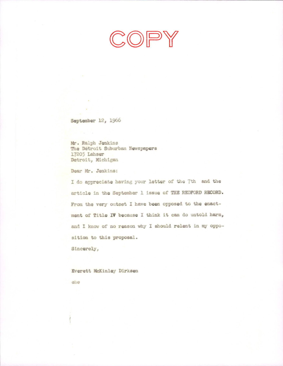 Letter From Dirksen To Ralph Jenkins In Response To His Earlier Letter About Title Iv.