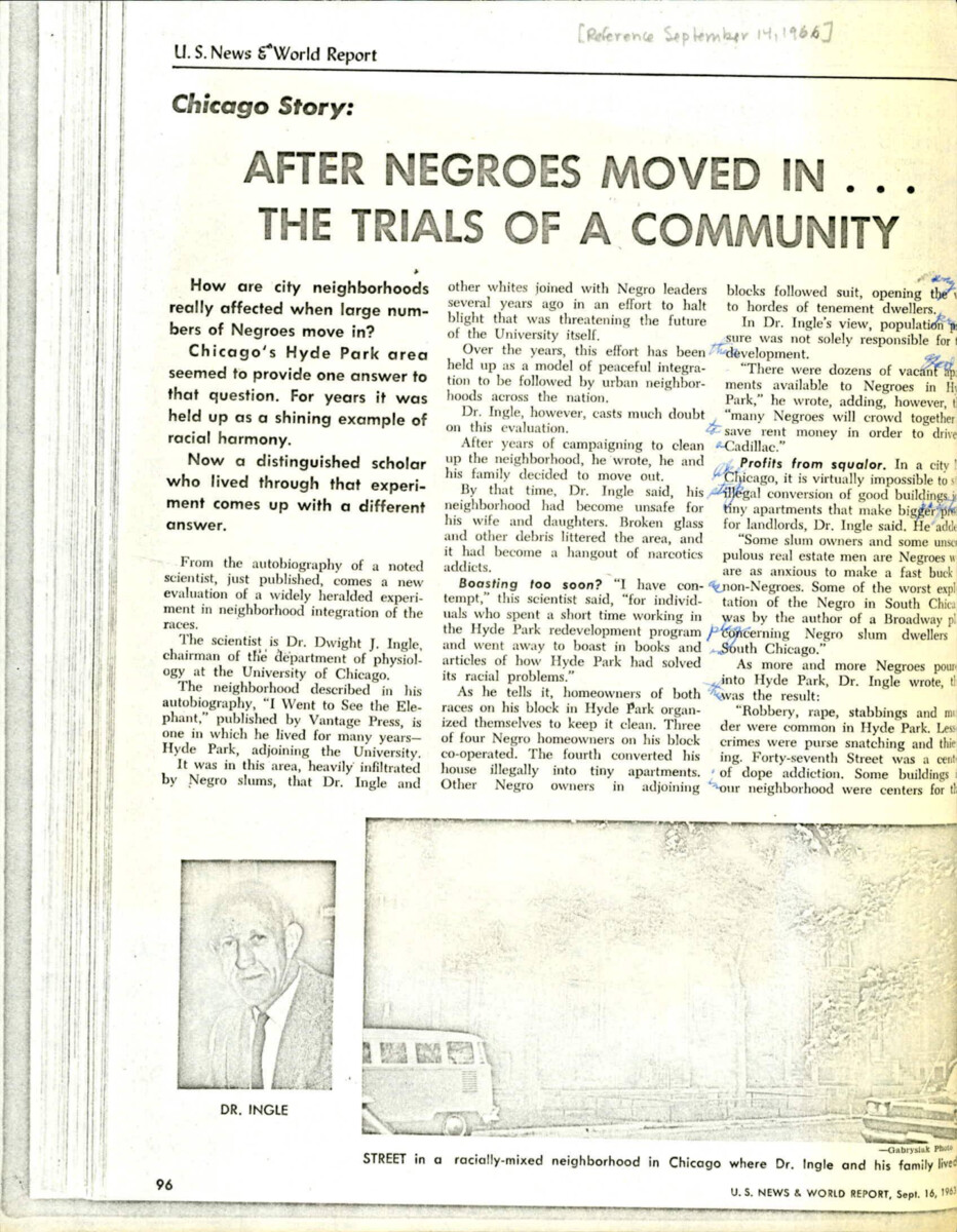 Article About Changing Demographics Within Chicago Neighborhoods. Dr. Ingle Was Interviewed For The Article And Said That Hyde Park Became Unsafe For His Family And That University Of Chicago Faculty Have Also Moved Out Of The Neighborhood.
