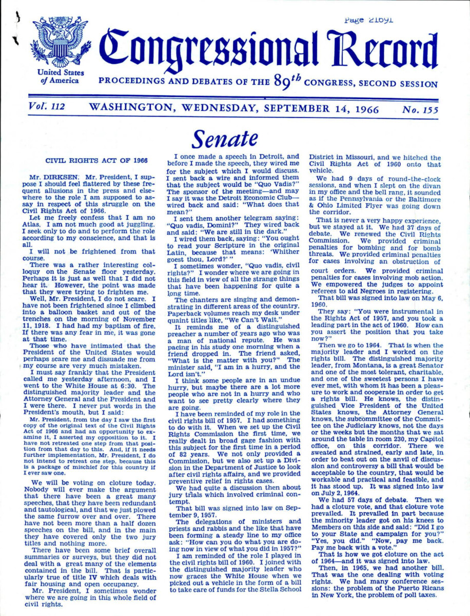 Dirksen Floor Speech On The Civil Rights Act Of 1966 And The Reasons For His Opposition Of It. Dirksen Spoke For Around Two And A Half Hours And Crafted His Argument Around His Previous Civil Rights Legislation.