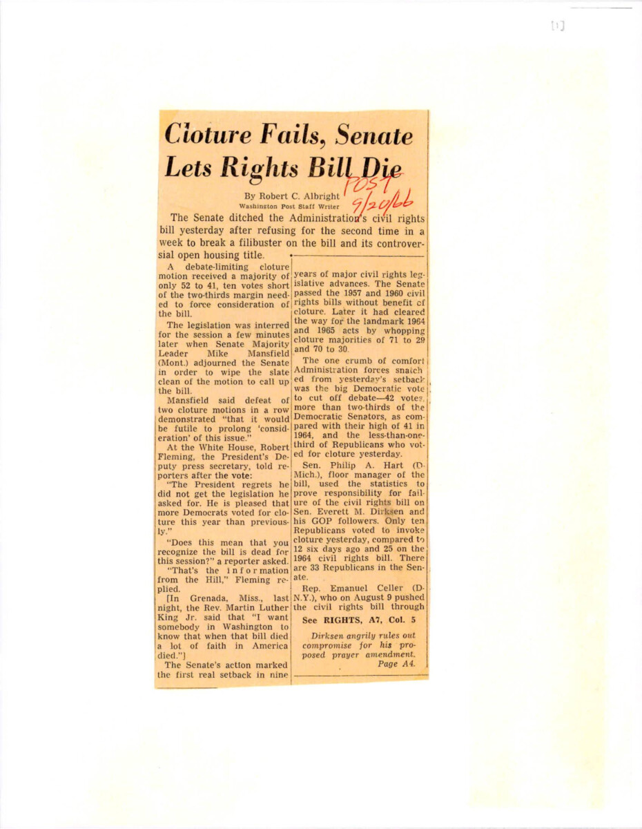 Article About The Death Of The Civil Rights Bill In The Senate. The Cloture Vote Was 52-41.