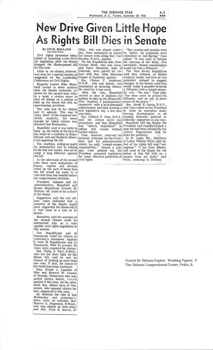 Article Detailing The Failure Of The Civil Rights Bill In The Senate, Citing Two Attempts At Cloture With A Final Statement By Missouri Secretary Of Labor, Willard Wirtz, Implying Senator Everett Dirksen Is The Reason For The Failure.