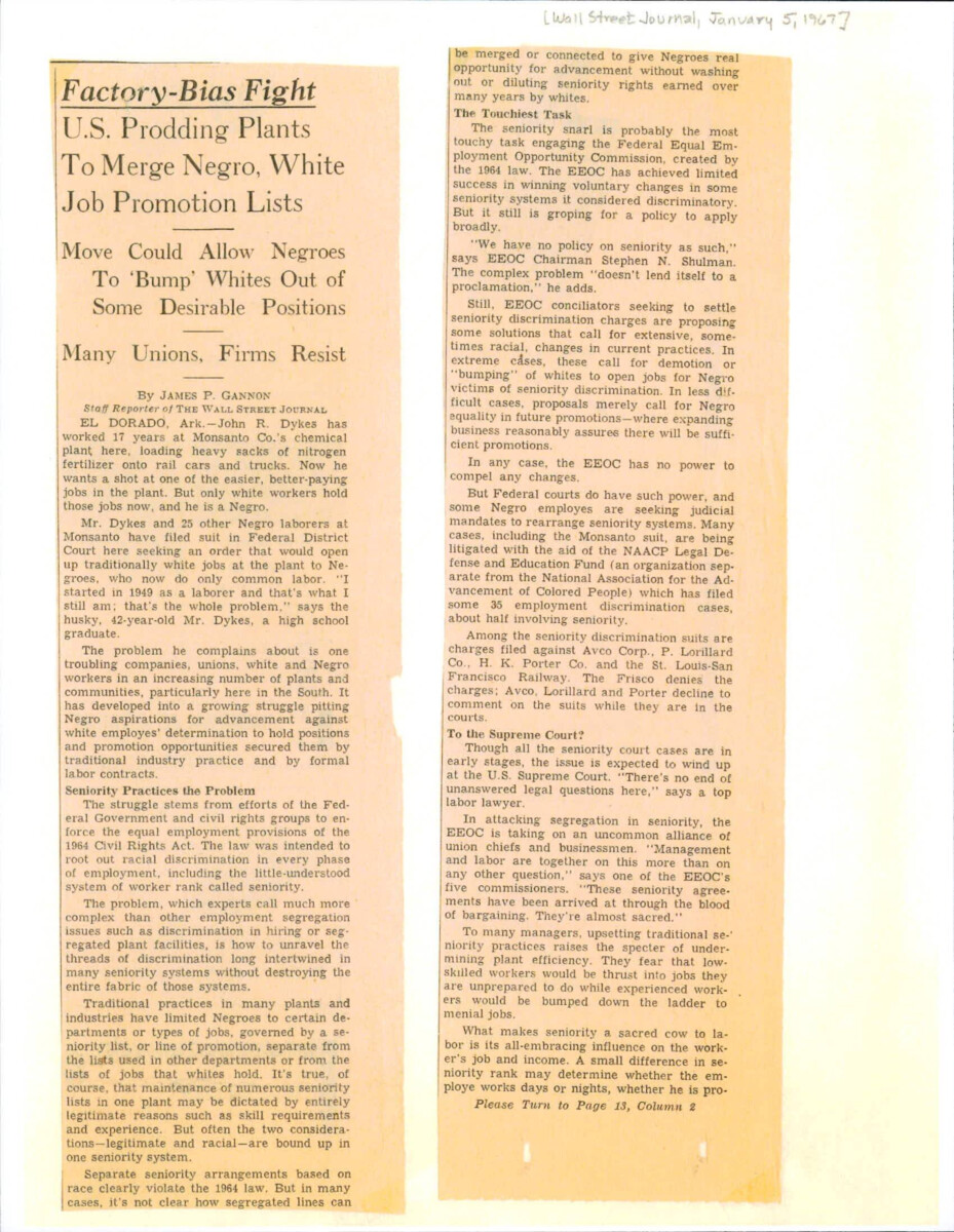 Article About A Suit Filed In Federal District Court Seeking To Open Traditionally White Jobs To African Americans.