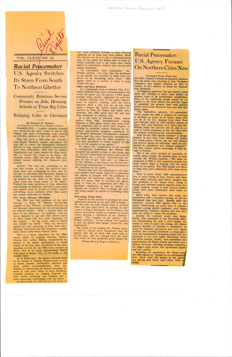 Article About Housing And Changing Neighborhoods. The Community Relations Service Was Trying To Better Police And Race Relations And Prevent Ghetto Riots.