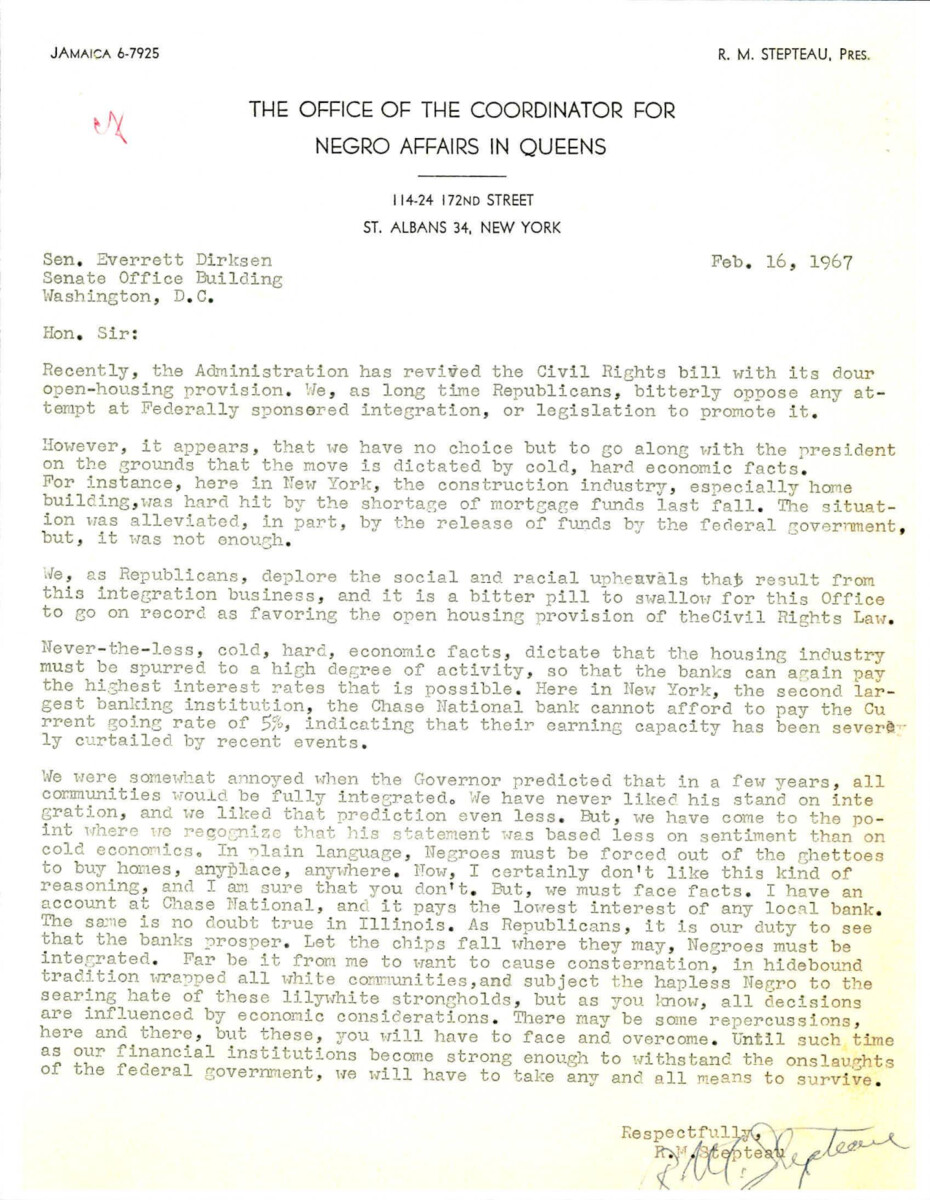 Letter To Dirksen About Open-housing In Illinois And The Integration Of Neighborhoods. The Letter Also Details The Republican Party's Duty To Financial Institutions.