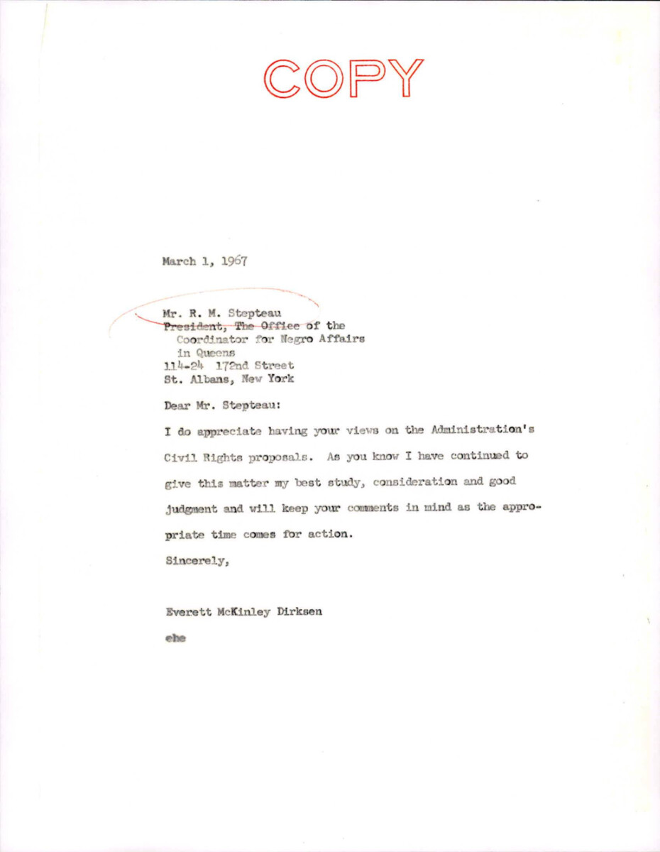 Letter From Dirksen To Mr. Stepteau Regarding His Letter Expressing His Views On The Administration's Civil Rights Proposals.