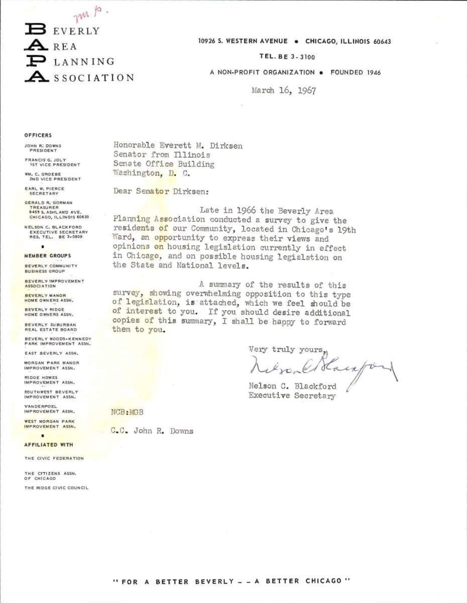 Letter To Dirksen From The Beverly Area Planning Association About A Survey Conducted In 1966 With The Results Attached To The Letter.