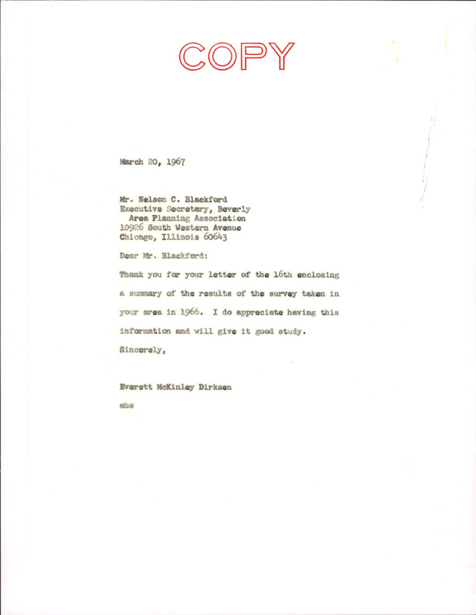 Letter From Dirksen To Nelson Blackford About The Survey Results From March 16th.