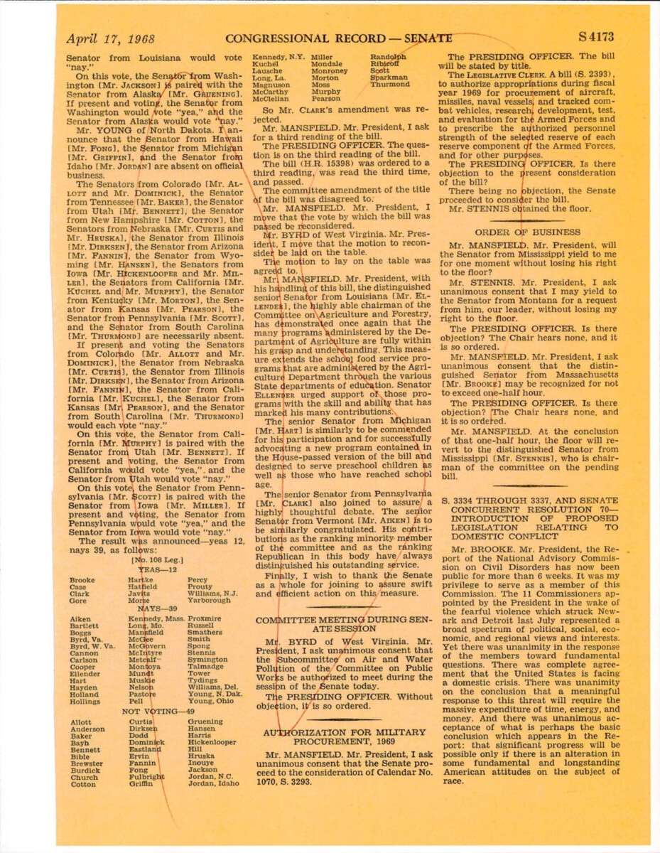 Proposed Legislation By Sen. Brooke To Amend The Civil Rights Act Of 1964 In An Effort To Prevent Domestic Conflicts. Rioting In Major Cities Around The Country Provoked The Senate To Take Action.