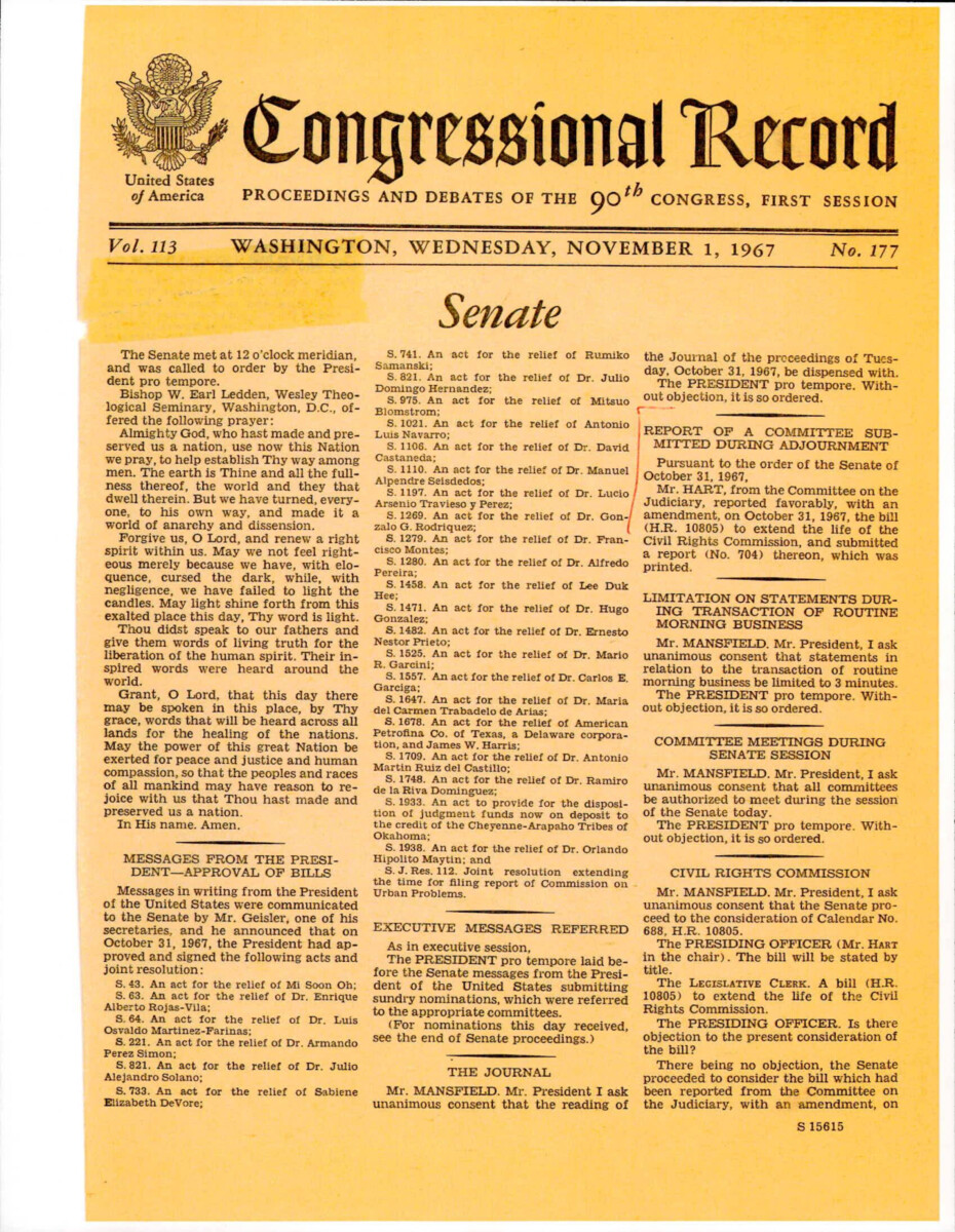 Senator Hart Submitted A Bill To Extend The Life Of The U.S. Committee Of Civil Rights And Senator Ervin Addressed The Senate. Ervin Has The Conference Report Read And Concludes His Time By Saying A Prayer Over The Senate.