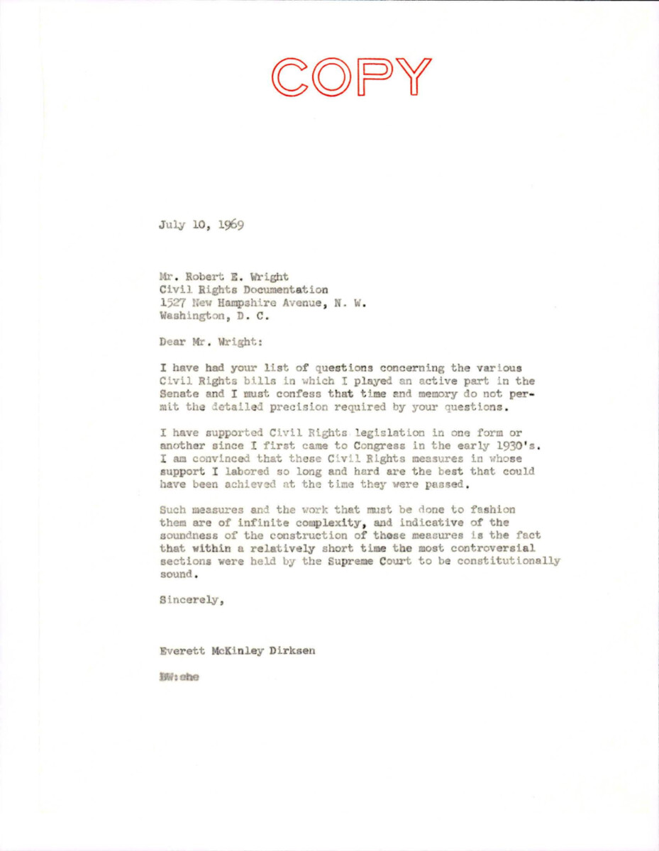 Dirksen Letter To Wright About The Civil Rights Bills That He Supported Throughout His Career In The Senate.