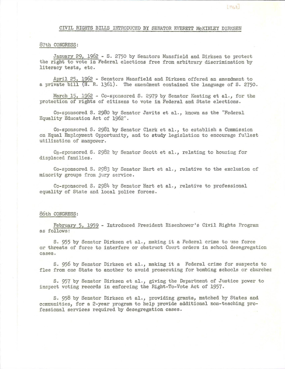 Bills Introduced By Dirksen After He Became A Member Of The Senate In 1950 Until 1962.
