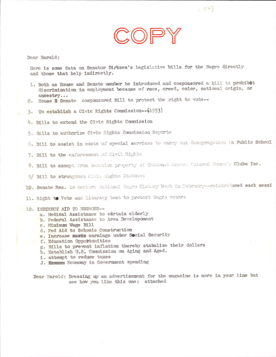 Letter To Rainville About Dirksen's Legislative Bills Such As Voting Rights, Establishing The Civil Rights Commission, And Employment.