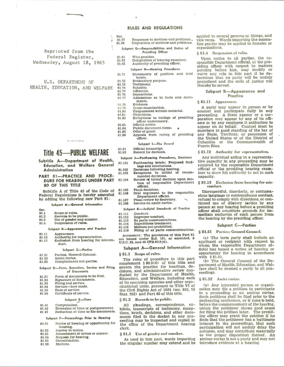 Rules And Regulations Under Title 45- Public Welfare Which Deals With Practice And Procedure For Hearings.
