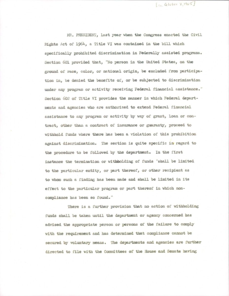 Speech addressing the Senate about the situation with the Chicago school system and Francis Keppel's invstigation and witholding of Federal assistance from the schools. Described is an over-reach by the Commissioner.