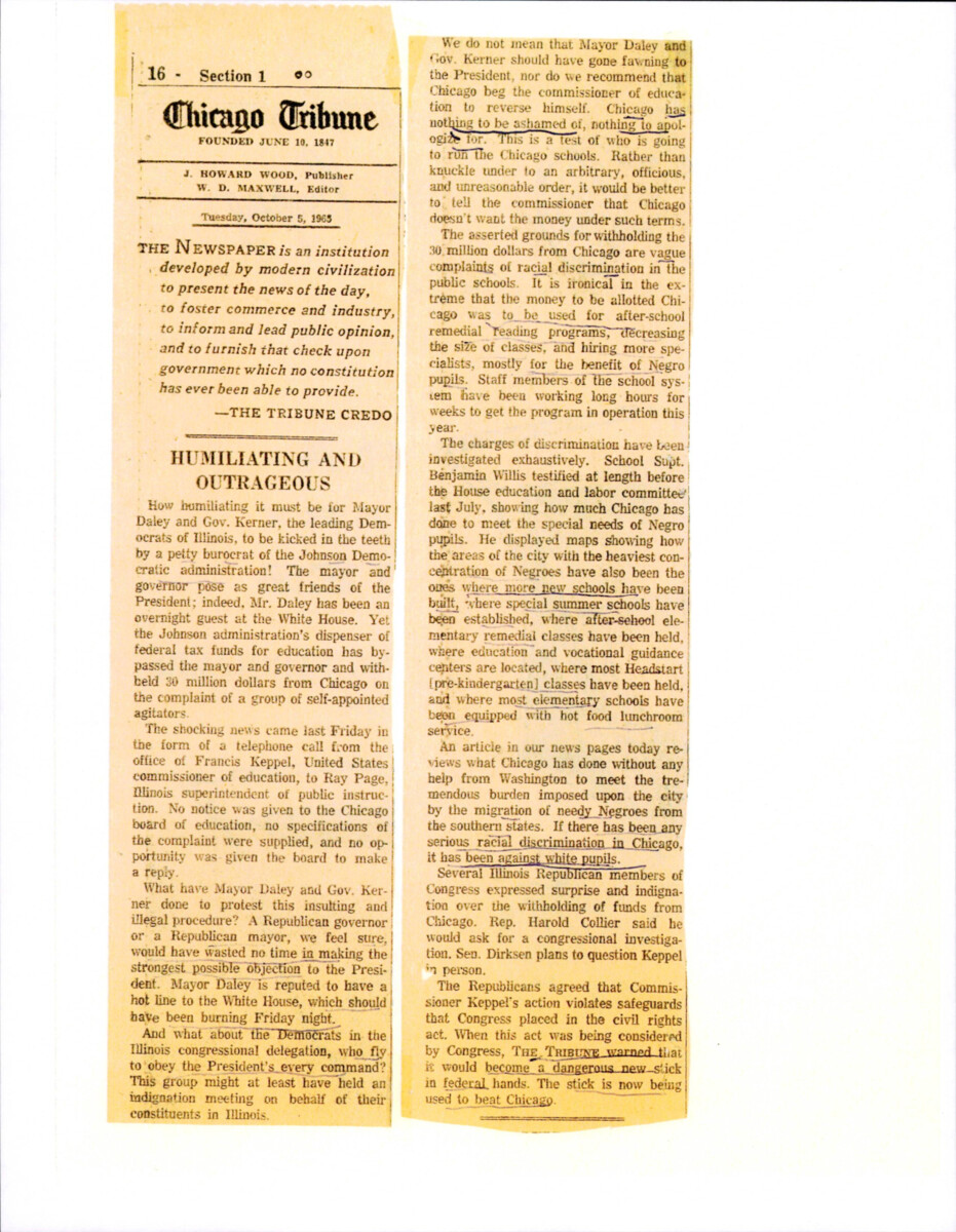 Article About Education In Chicago And The "vague" Claims Of Discrimination The Department Of Education Received Without The Knowledge Of The Illinois Superintendent Of Public Instruction Beforehand. The Department Of Education Threatened To Withhold Funding From Chicago And Illinois Schools If The Claims Were Not Addressed.