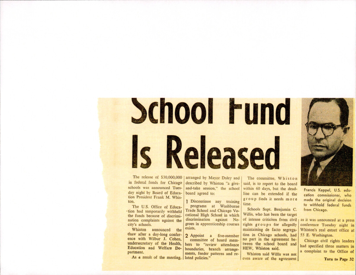 Article About The Chicago School System Having Government Funds Withheld Because Of Discrimination. This Article Includes The Mention Of Trade Schools And Unions That Have Refused African American Apprentices.