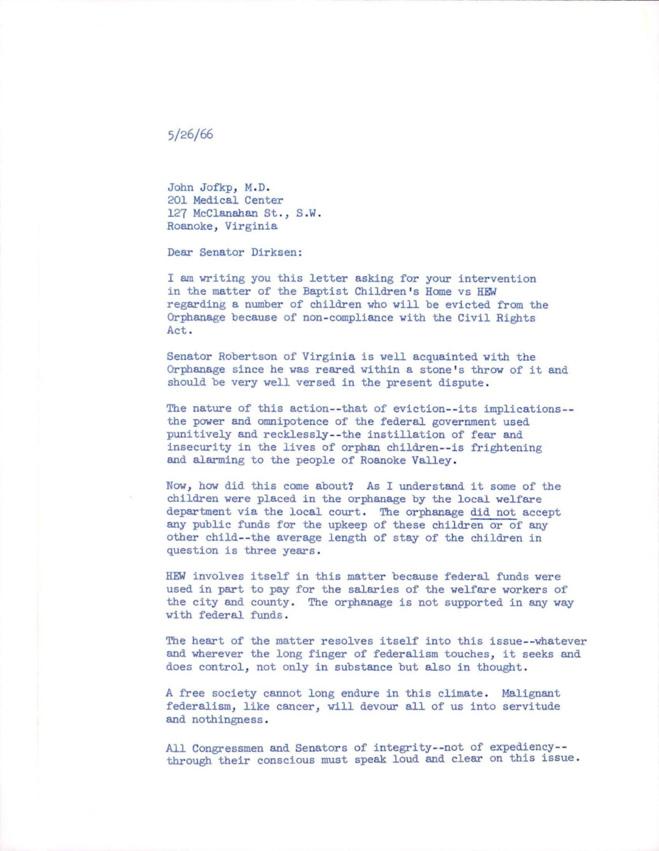 Letter From John Jofkp To Dirksen About Children Being Evicted From An Orphanage Due To Non-compliance With The Civil Rights Act Of 1964. Jofkp States That This Action Is A Reckless Use Of Governmental Power And Is Alarming To The People Of Roanoke Valley.
