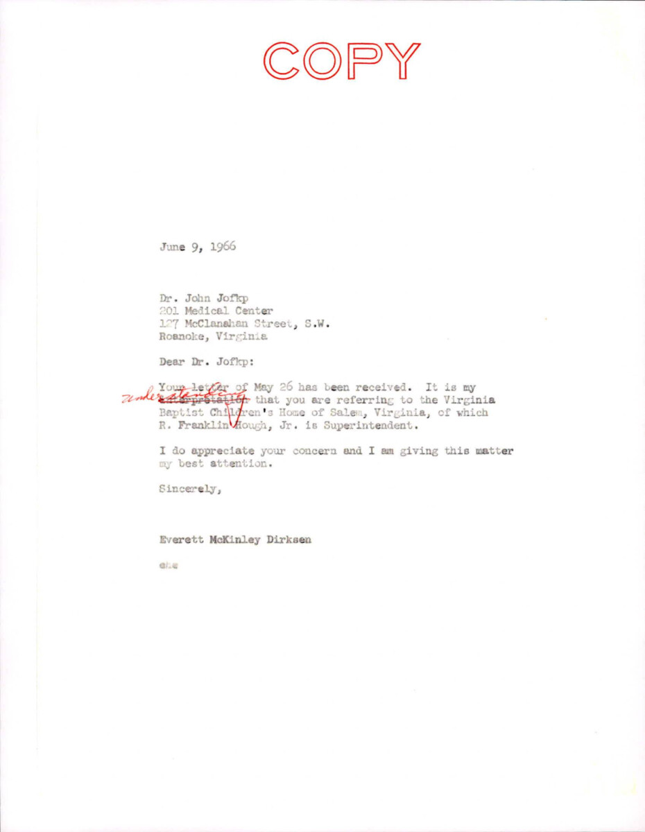 Letter From Dirksen Assuring Jofkp That He Will Look Into The Matter Of The Virginia Baptist Children's House Of Salem, Virginia.