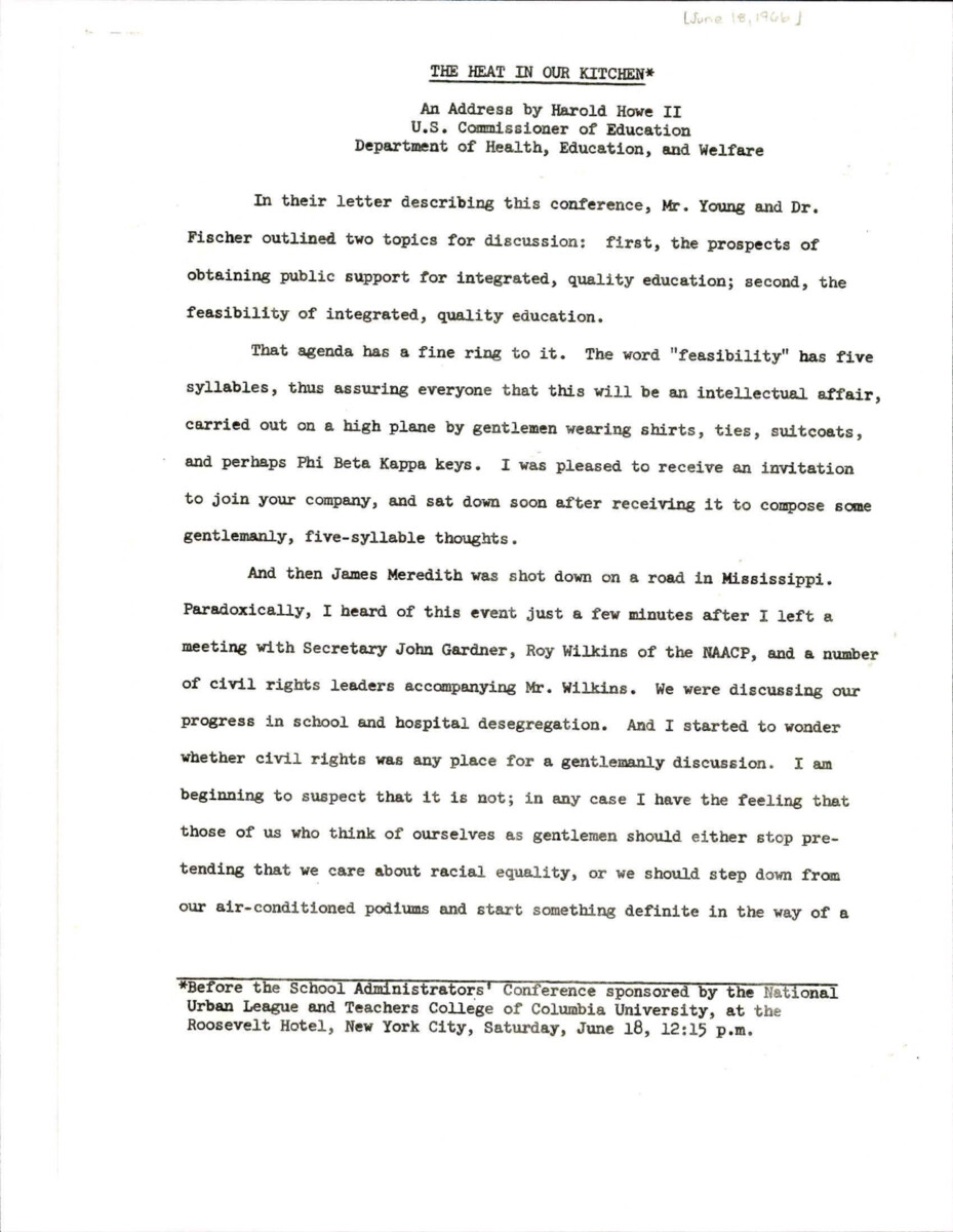 Address By Harold Howe, Commissioner Of Education For The Department Of Health, Education, And Welfare. He Discusses The Issue Of Gaining Public Support For Integration And The Feasibility Of Creating A Good, Integrated Education.