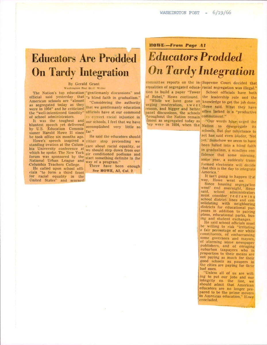 Article About School Integration Coming To A Halt And No Longer Progressing. The U.S. Education Commissioner Harold Howe Ii Believes That If Schools Were Not Afraid To Irritate White Constituents Then Integration Would Continue.