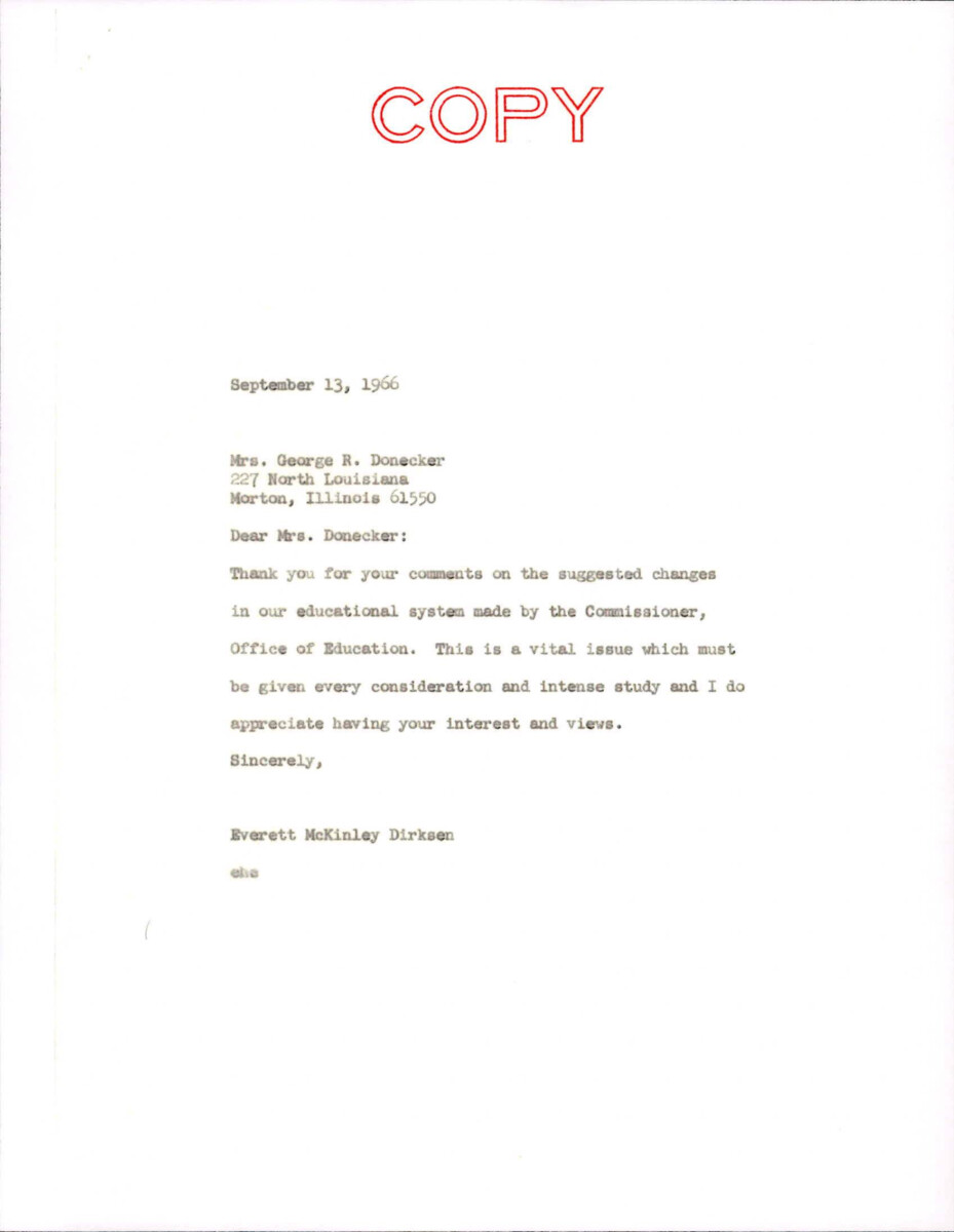 Letter From Dirksen To Mrs. Donecker About Her Letter Regarding Education