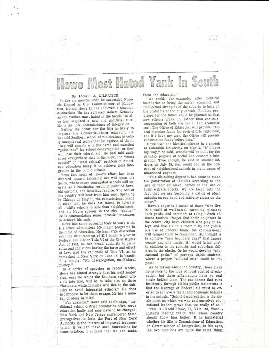 Article About Harold Howe Ii, U.S. Commissioner Of Integration And The Policies He Wants To Implement In Education. He Has The Authority To Disburse $3.3 Billion Dollars In Federal Aid And Can Withhold It If Provisions Set Out In The Civil Rights Act Of 1964 Are Not Met.