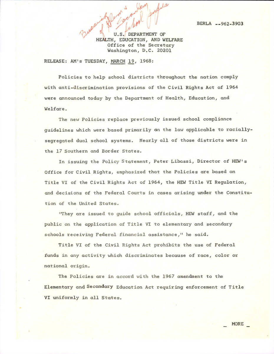 Press Release About The Goals Of The Departement To Eliminate And Prevent Discrimination In All Services Facilities, Activities, And Programs;and Eliminate Student Assignment Procedures, School Attendance Zones, And School Feeder Patterns Which Segregate Students On The Basis Of Race, Color, Or National Origin.