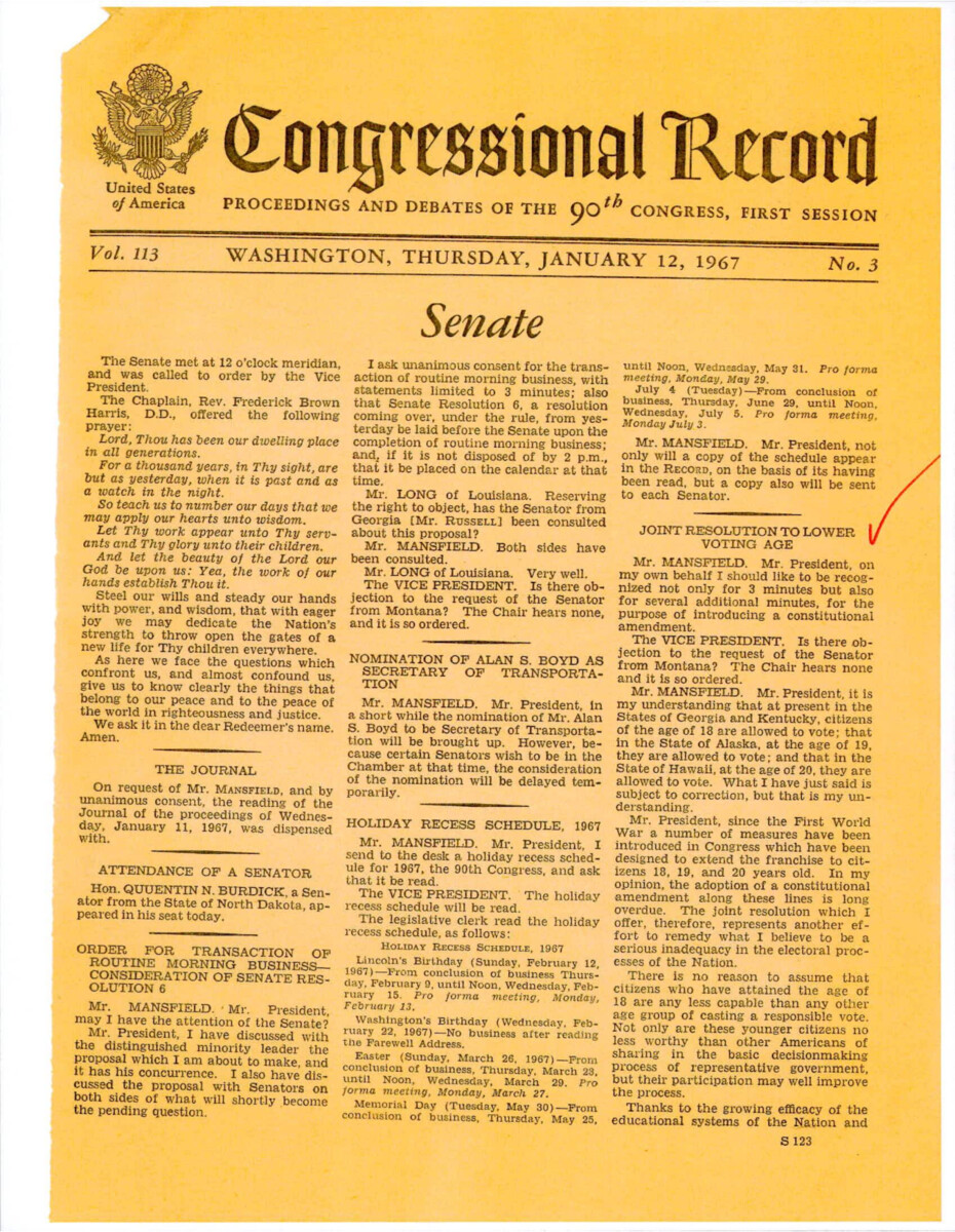 Speech By Mansfield Proposing Joint Resolution 8- Lowering The Voting Age To 18.