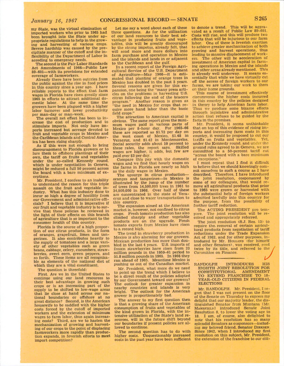 Senator Randolph Speaking On The Senate Floor About Joint Resolution 14, Lowering The Voting Age To 18