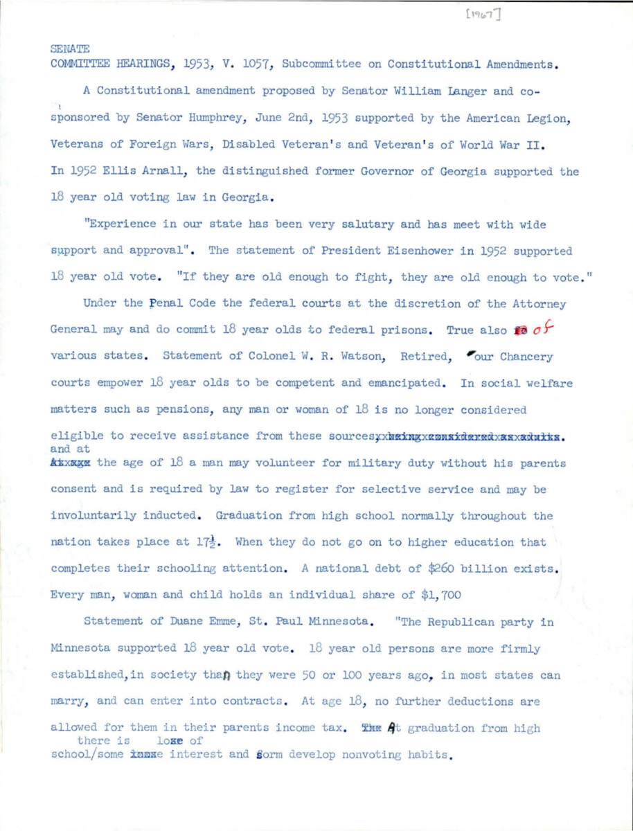 Record Of Senate Hearing S From 1953, Constitutional Digest From 1952, Quote From Rep Celler, And Essay Regarding Lowering The Voting Age During The Eisenhower Administration.