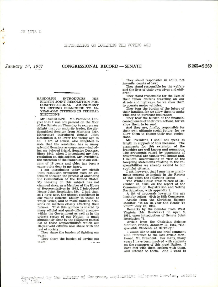 Senator Randolph Speaking On The Senate Floor About Joint Resolution 14, Lowering The Voting Age To 18