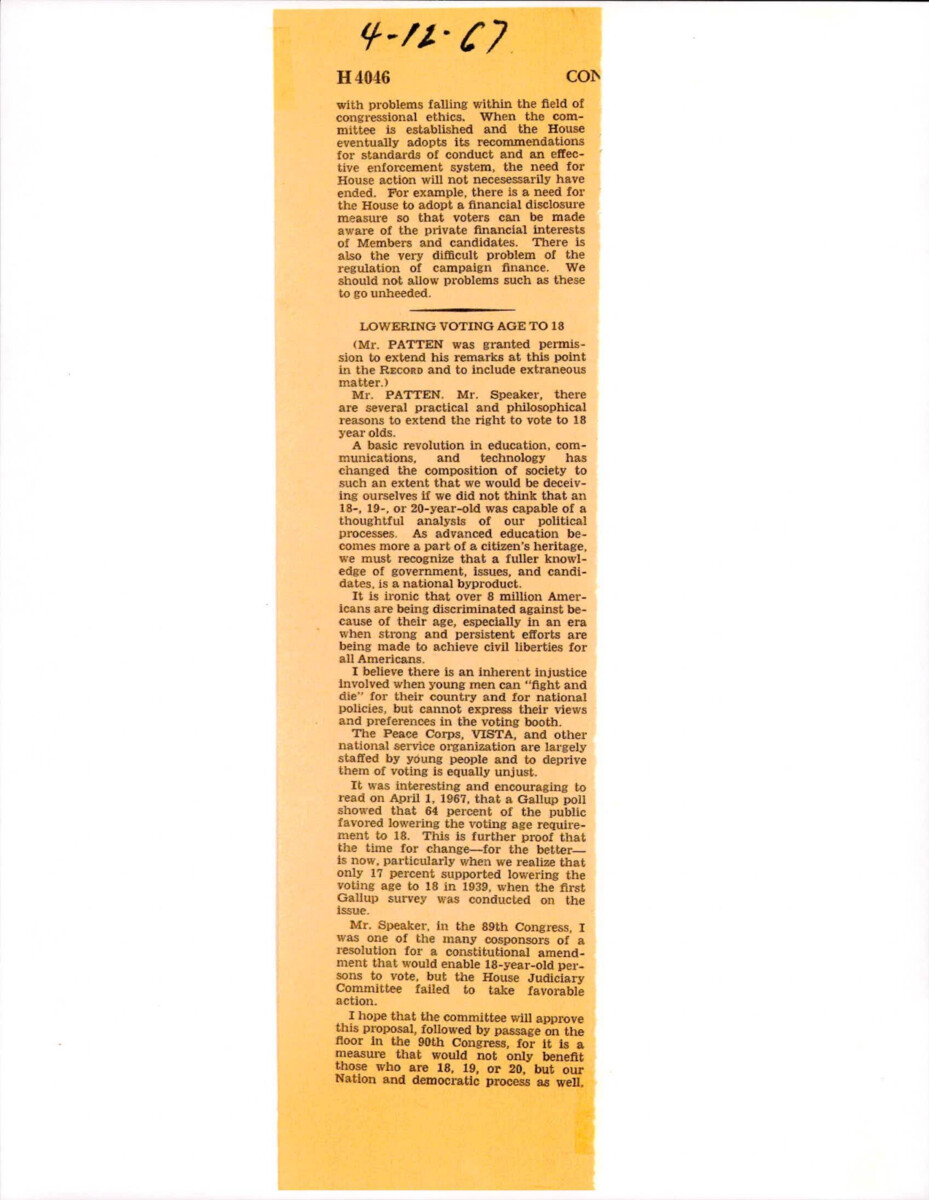 Rep. Edward Patten Speaking On The House Floor About Lowering The Voting Age. He Co Sponsored A Resolution In The 89th Congress And Hopes That The Resolution Will Pass In The 90th Congress.