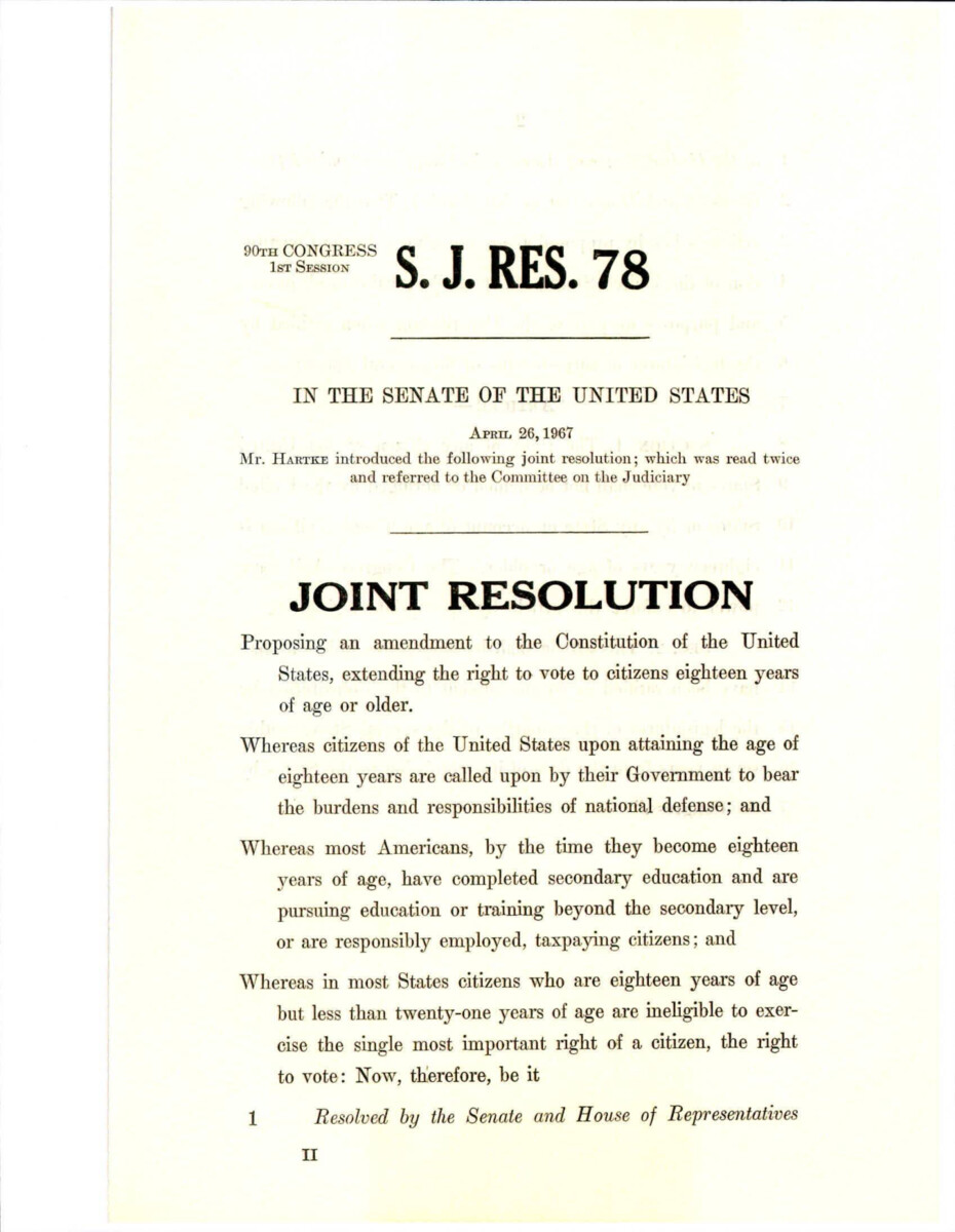 Joint Resolution To Extend The Right To Vote To Citizens 18 Years Or Older.
