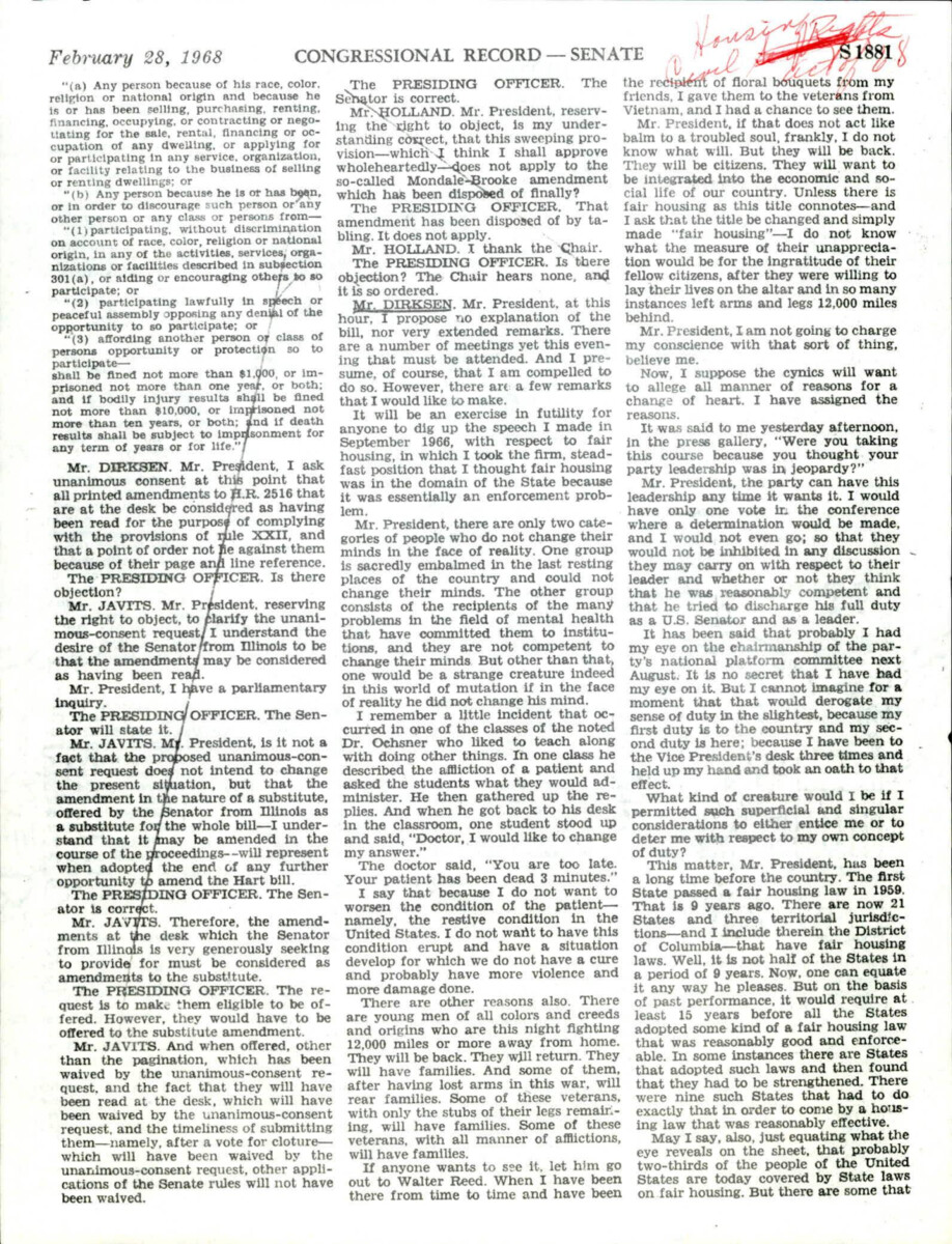 Dirksen Believes That Although The Vietnam War Is Taking Place It Is Important That When The Soldiers Return Home To Start Families They Have Accessibility To Fair Housing.