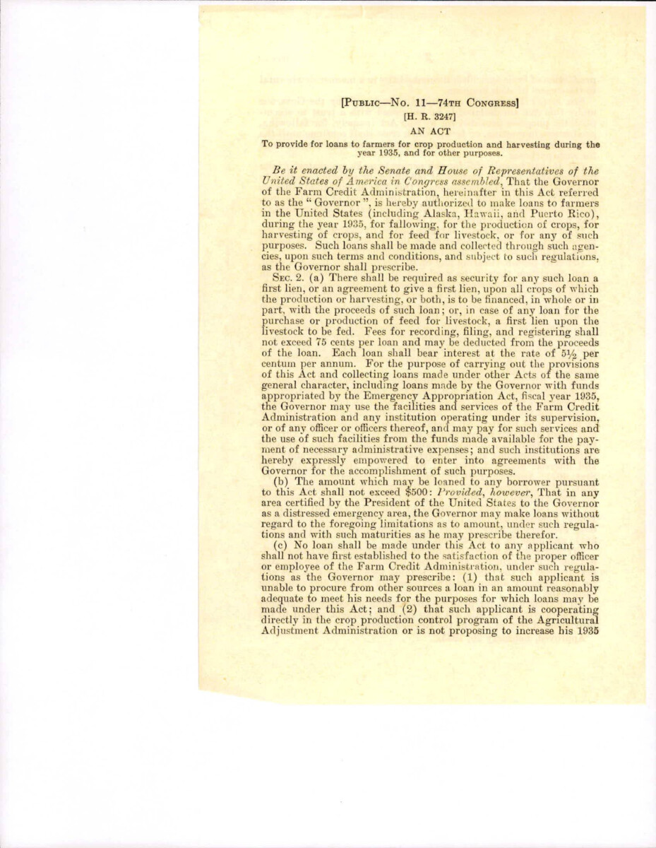 An Act That Provides Loans To Farmers For Crop Production And Harvesting During 1935 And For Other Purposes.