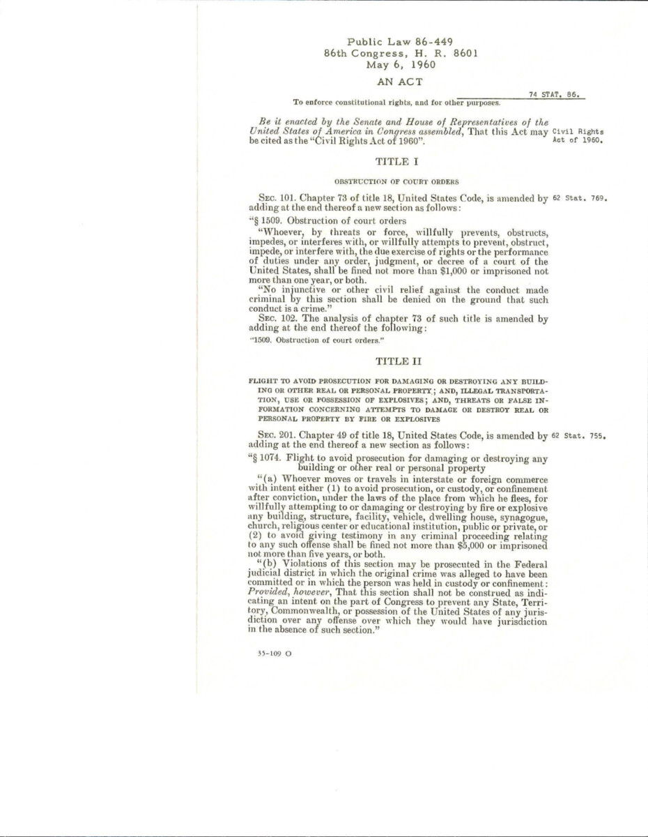 Civil Rights Act Of 1960, Provides Punishment For Obstructing Court Orders, Flight To Avoid Prosecution For Damaging Personal Property, Federal Election Records, Extension Of The Powers Of The Civil Rights Commission, Provide Education For Children Of Members Of The Armed Forces, And Amend The Civil Rights Act Of 1957