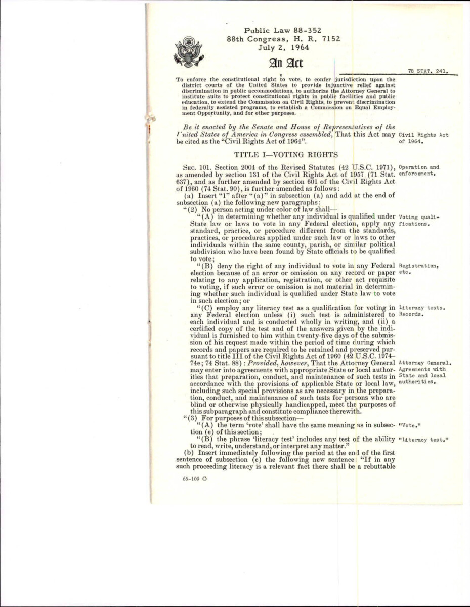 Civil Rights Act Of 1964 Deals With Voting Rights, Relief Against Discrimination In Public Places, Desegregate Public Facilities, Desegregate Public Education, Extended The Commission On Civil Rights, Nondiscrimination In Federally Assisted Programs, Equal Employment Opportunity, And Procedure Of Civil Rights Cases.