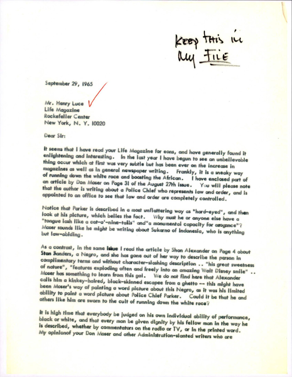 Letter To Life Magazine About The Unsavory Way The Police Chief Of Los Angeles Was Described. Boger Believes That Every Human Being Should Be Described With Respect Instead Of Slander.