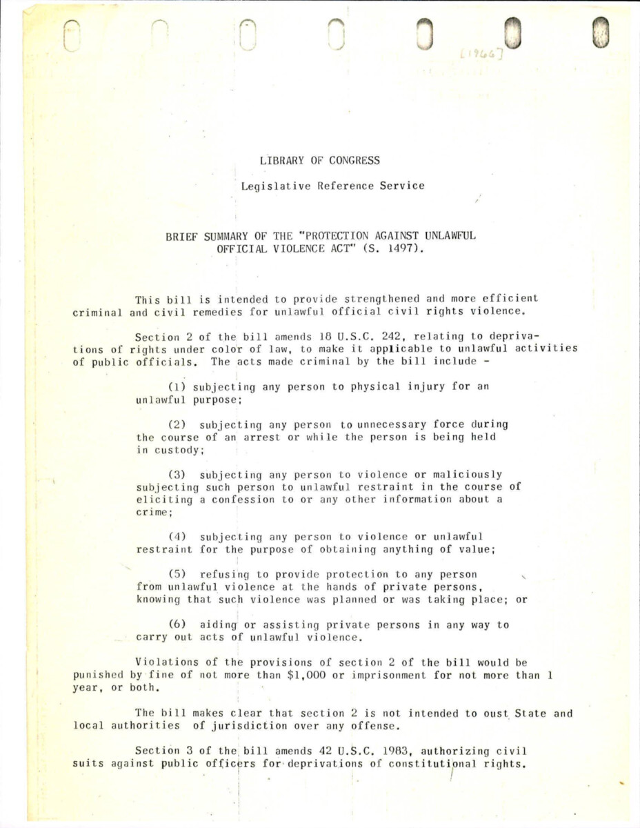 S. 1497 Designed To Provide Strengthened And More Efficient Criminal And Civil Remedies For Unlawful Official Civil Rights Violence.