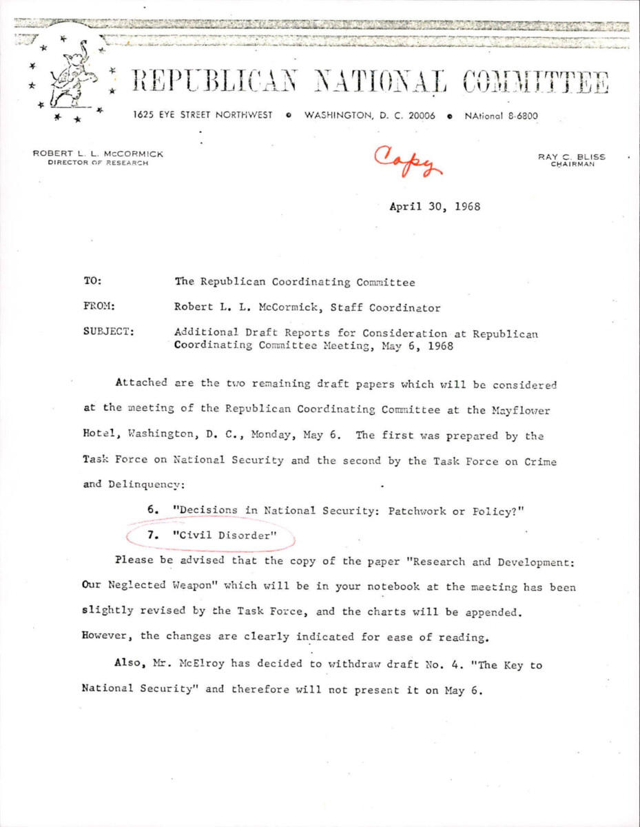 Memo From Robert L.L. Mccormick, Of The Republican National Committee, About Congress Providing Federal Assistance For Controlling Civil Disorders So That Communities Can Prepare To Respond. They Also Recommend States And Cities To Adopt Laws And Ordinances To Deal With Civil Disorder As Well As Urge Congress To Establish A Joint Congressional Committee On Riots And Civil Disorders.