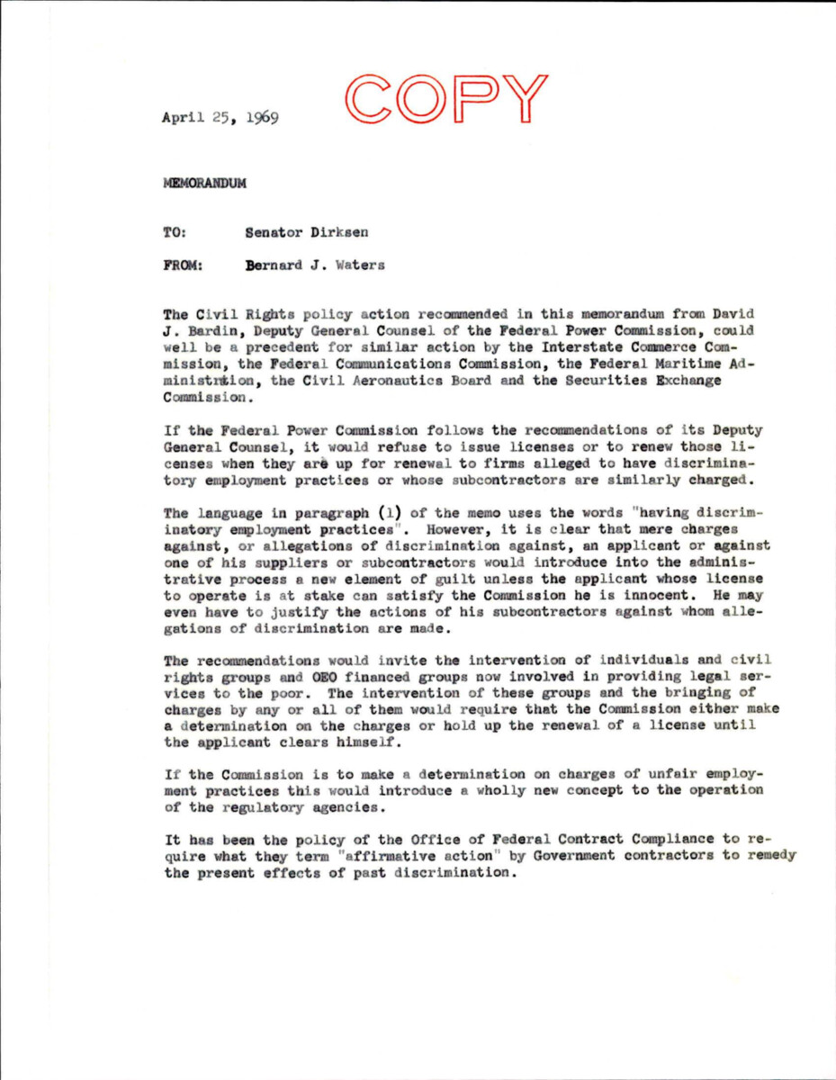 Memo About Civil Rights And Affirmative Action Policies, And How They Apply To Businesses After The Civil Rights Act Of 1964.