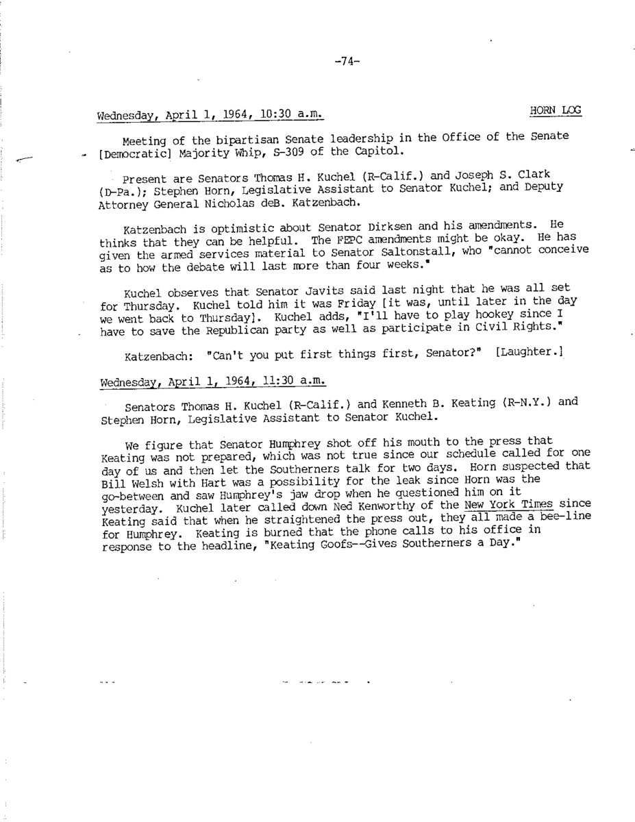 This document represents one part of a larger log kept by Stephen Horn during discussions about the Civil Rights Act of 1964.